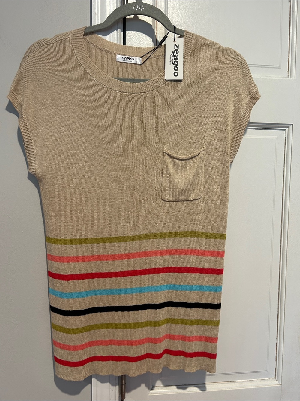 zeagoo Beige Knit Cap-Sleeve Top with Multi-Color Stripes